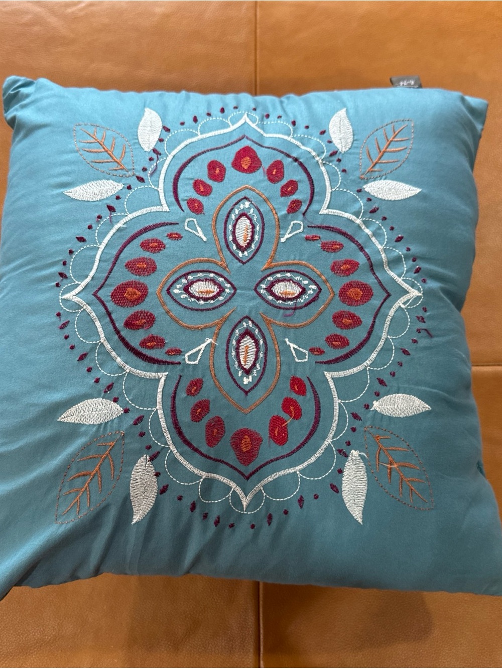 Embroidered Boho Throw Pillow 18x18 Blue Decorative Accent Medallion Design